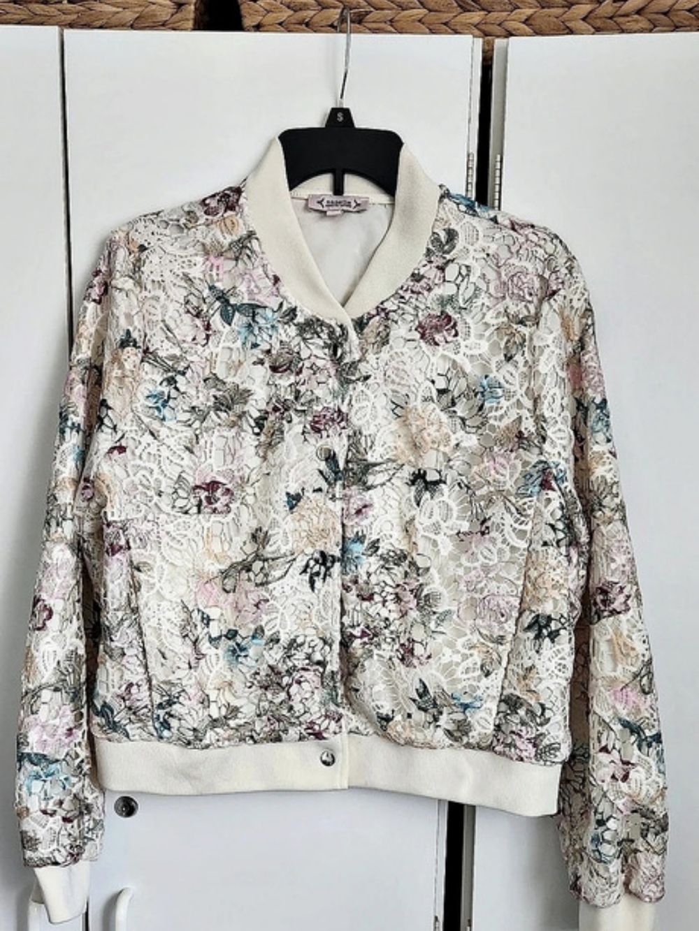 Nanette Lepore Floral Lace Bomber Jacket in Cream & Multicolor Size L
